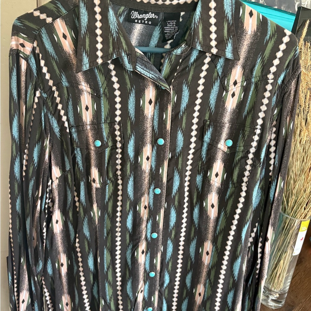 Wrangler Retro Aztec Snap Western Shirt in Teal, Brown & Cream